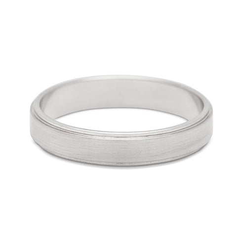 A 4mm flat edge band with a brushed finish set in white gold., White Gold 15