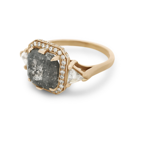 Bea Halo Ring - Yellow Gold, Grey Diamond & White Diamonds - Side View 2