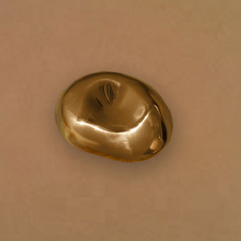 A bronze organic bean shaped incense burner on a light khaki brown background 