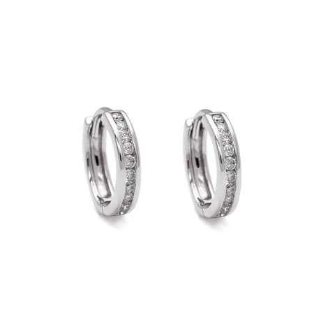 A pair of hoops with a line of grey diamonds set in sterling silver.