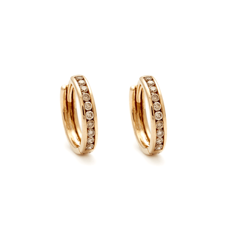 A pair of hoops with a line of champagne diamonds set in yellow gold.