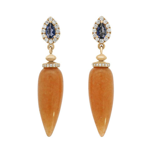 An aventurine iolite drop earring set with white diamond pave in yellow gold. 