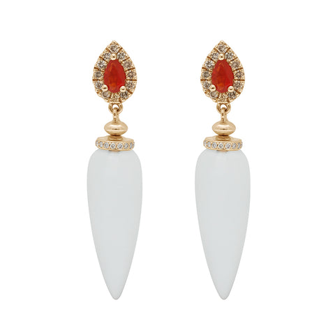 A pair of quartz drop earrings with a champagne diamond halo at the top and a pear fire opal set in yellow gold.