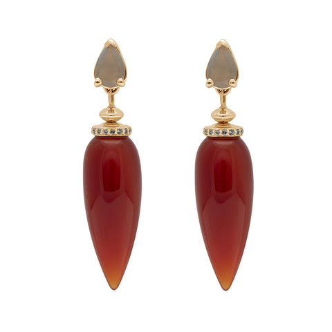 A pair of carnelian drop earrings with a grey diamond halo at the top and a pear grey moonstone set in yellow gold.
