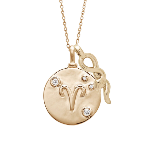 A 18mm charm with the Aries zodiac sign set in yellow gold with white diamond stones on a yellow gold chain with a medium serpent charm in yellow gold., Aries