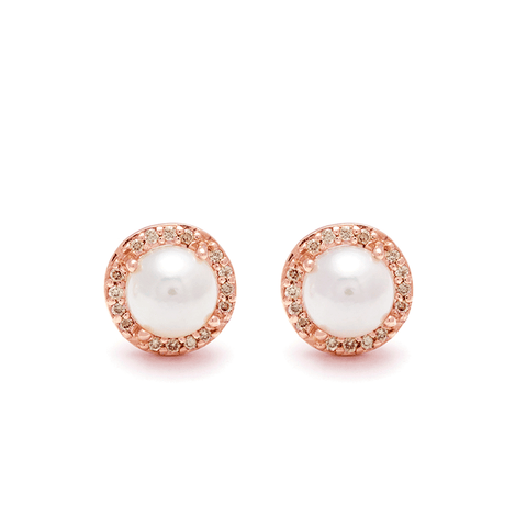 Large Rosette Stud Earring (PAIR) - 14k Rose Gold, Pearl & Champagne Diamonds<br>Was <s>$2,000</s>