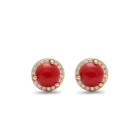 A pair of medium coral center stone earrings with a halo of white diamond set in yellow gold.