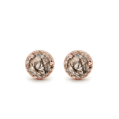 Medium Rosette Stud Earring (PAIR) - 14k Rose Gold, Black Rutilated Quartz & Champagne Diamonds<br> Was <s>$1,250</s>