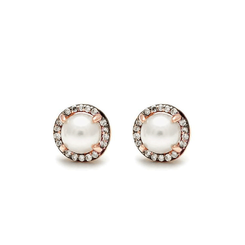 Medium Rosette Stud Earring (PAIR) - 14k Rose Gold, Pearl & White Diamonds<br> Was <s>$1,850</s>