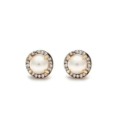 A pair of medium pearl center stone earrings with a halo of white diamond set in yellow gold.
