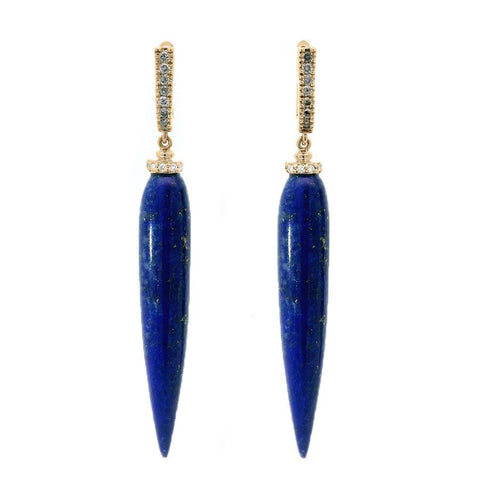 Pair of blue lapis lazuli spear-shaped earrings with gold and diamond accents on a white background
