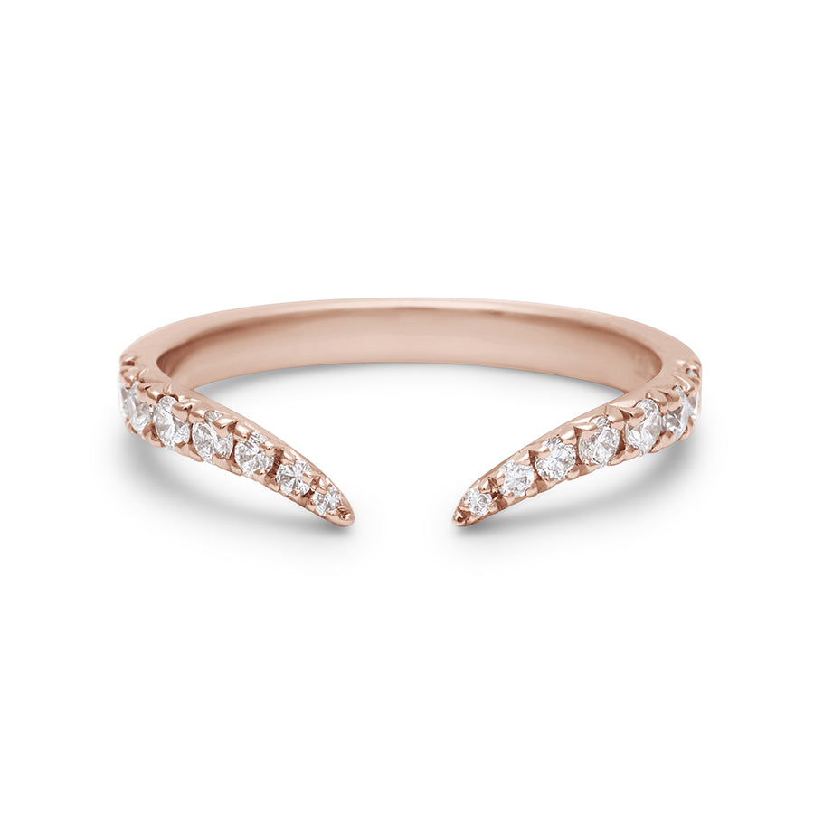 A white diamond dusted chrysalis shaped band with an open section in the front set in rose gold., Rose Gold