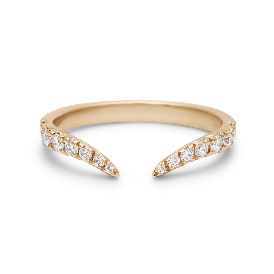 A white diamond dusted chrysalis shaped band with an open section in the front set in yellow gold., Yellow Gold