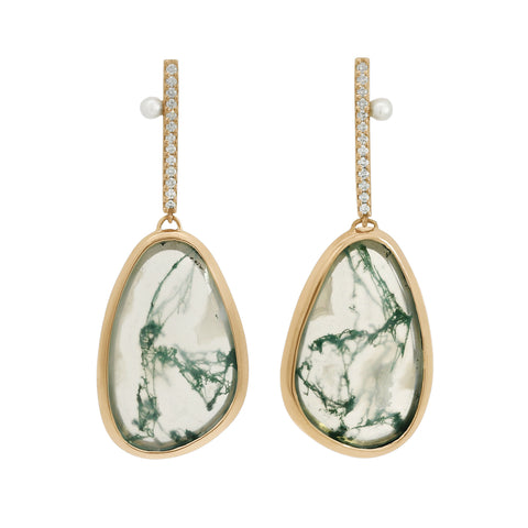 Gold earrings with green marbled stones on a white background