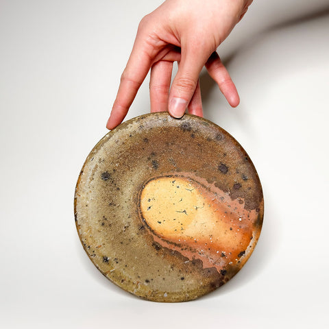 A ceramic plate in a blend of yellow and brown set on a grey background being propped up by a light-complexion hand., #1