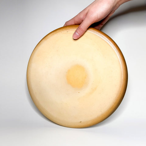 A ceramic plate in a blend of yellow and rust set on a grey background being propped up by a light-complexion hand.