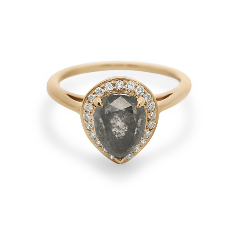Pear Rosette Ring with pear shape grey diamond center and white diamond halo set in 14k recycled yellow gold. Yellow Gold