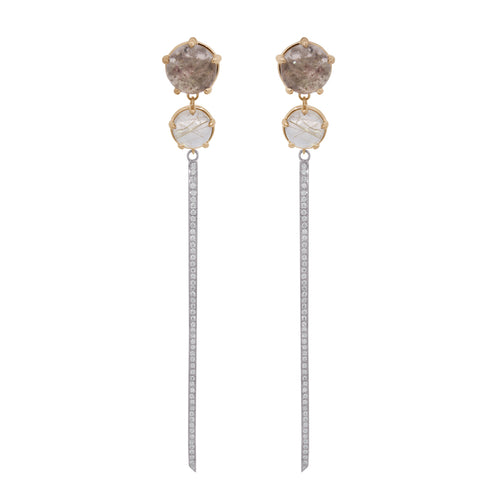 Pair of earrings with gemstones and dangling elements on a white background