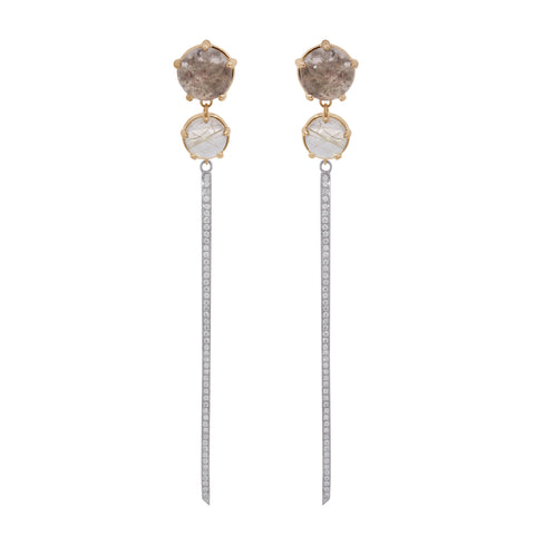 Pair of earrings with gemstones and dangling elements on a white background