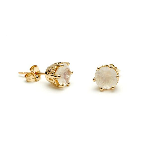 Hazeline Solitaire Stud Earrings - 14k Gold & Rainbow Moonstone