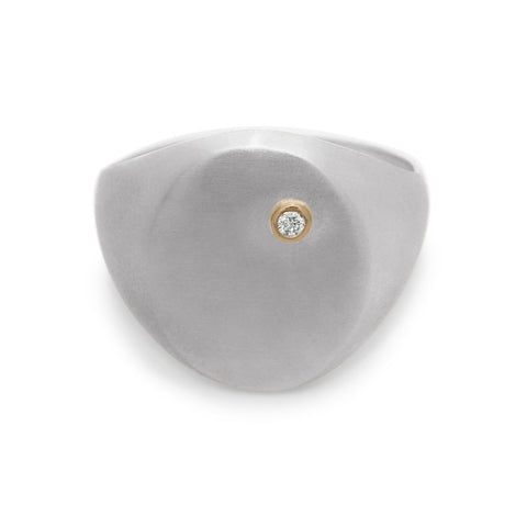 Mixed Metal Signet Ring - Brushed Sterling Silver, 14k Gold & Grey Diamond