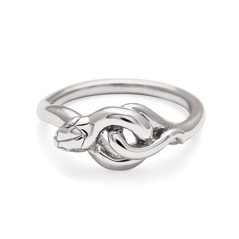 A serpent band with grey diamonds for eyes set in sterling silver.