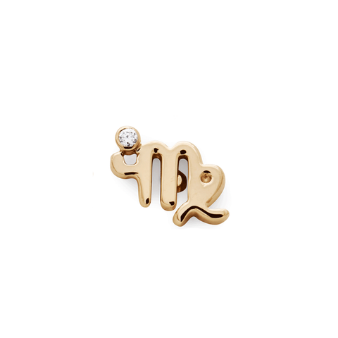 A gold earring virgo zodiac stud with a white diamond on a white background