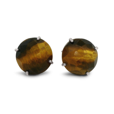 A pair of rose cut tiger's eye gemstone stud earrings set in sterling silver on a white background