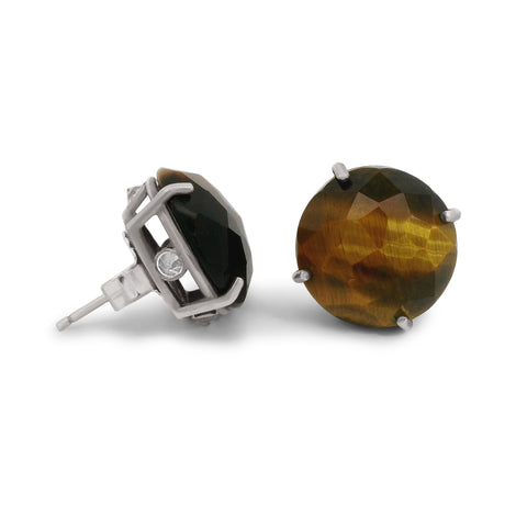 A pair of rose cut tiger's eye gemstone stud earrings set in sterling silver on a white background 2