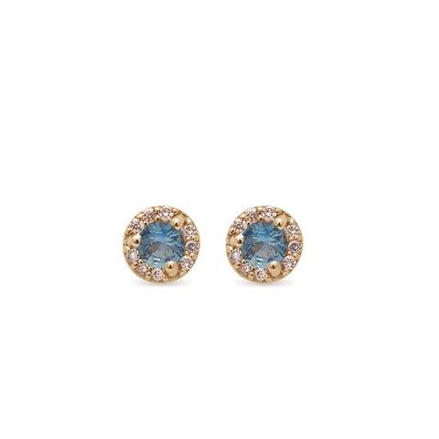 A pair of tiny montana sapphire center stone earrings with a halo of champagne diamond set in yellow gold.