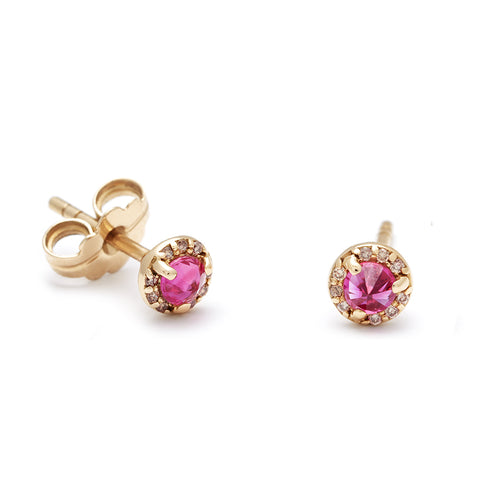 A pair of tiny pink center stone earrings with a halo of champagne diamond set in yellow gold., Yellow Gold 3