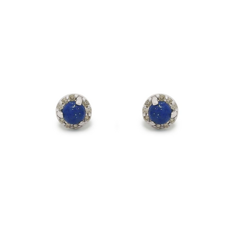Pair of silver earrings with blue lapis lazuli gemstones encircled with tiny champagne diamonds on a white 