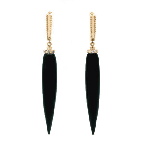 A pair of U hoop earrings with pointy drop onyx stones with a grey diamond halo at the component that attaches the stone set in yellow gold. Plain