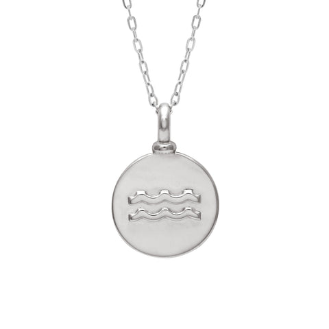 A 14mm charm with the Aquarius zodiac sign set in sterling silver on a sterling silver chain.