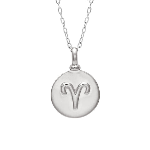 A 14mm charm with the Aries zodiac sign set in sterling silver on a sterling silver chain.