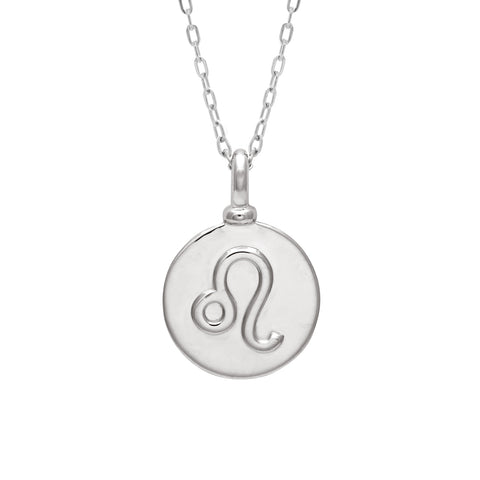 A 14mm charm with the Leo zodiac sign set in sterling silver on a sterling silver chain.