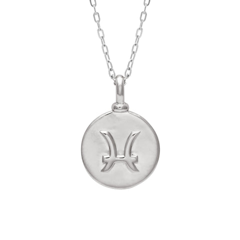 A 14mm charm with the Pisces zodiac sign set in sterling silver on a sterling silver chain.