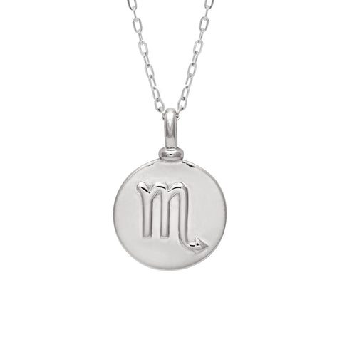 A 14mm charm with the Scorpio zodiac sign set in sterling silver on a sterling silver chain.