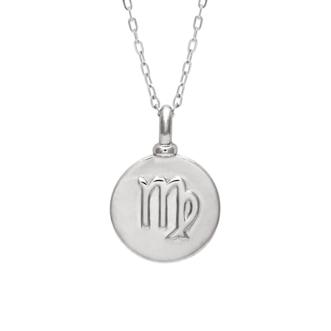 A 14mm charm with the Virgo zodiac sign set in sterling silver on a sterling silver chain.