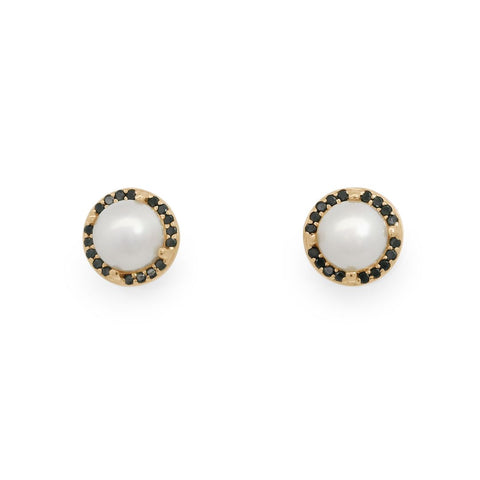 Approximately 5mm Akoya pearl earrings with Akoya pearl clutch backs, and a black diamond halo set in recycled 14k yellow gold.