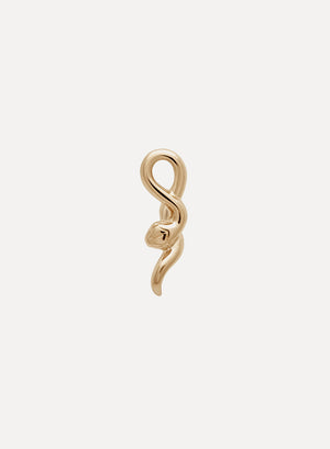 A single 14k yellow gold small serpent stud earring set in front of a pink/white background.