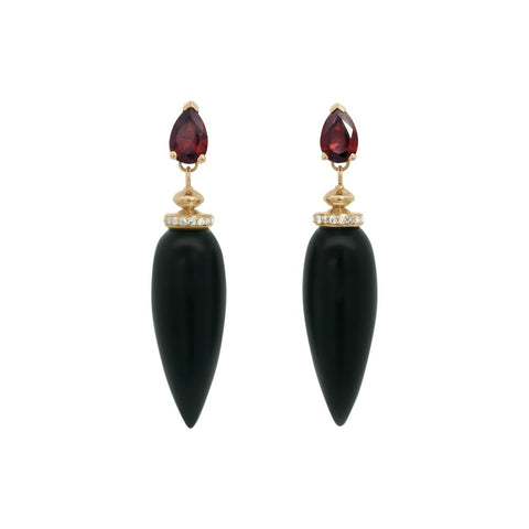 Black onyx pendulum earrings featuring white diamonds and red garnet set in yellow gold 