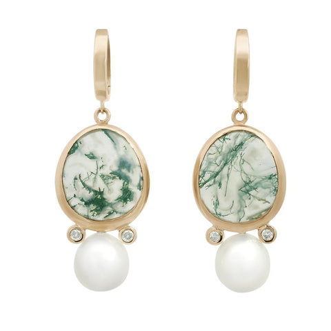 Gold earrings with green marbled moss agate stones and white pearls on a white background