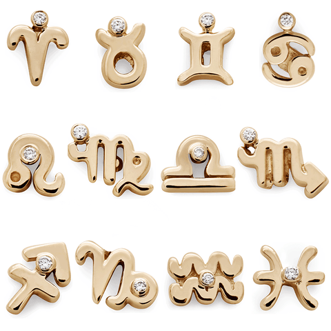An image with twelve stud earrings with all zodiac signs.
