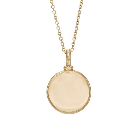 A 14mm plain gold charm set in yellow gold on a yellow gold chain., 14mm