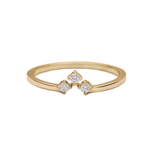 A yellow gold band with three round white diamonds set in an arrow shape., Yellow Gold