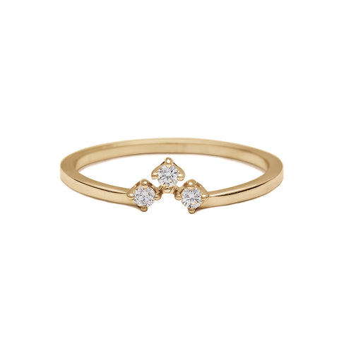 A yellow gold band with three round white diamonds set in an arrow shape., Yellow Gold