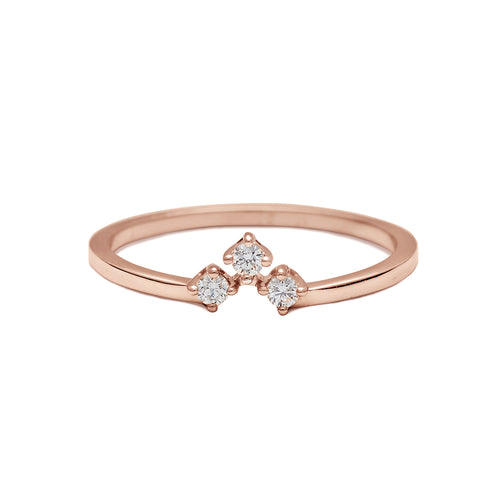 A rose gold band with three round white diamonds set in an arrow shape., Rose Gold