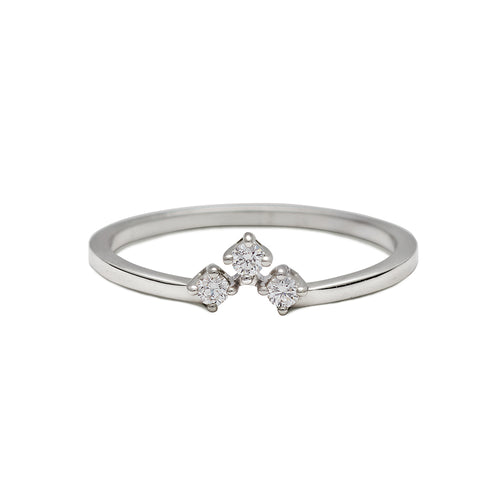 A white gold band with three round white diamonds set in an arrow shape., White Gold
