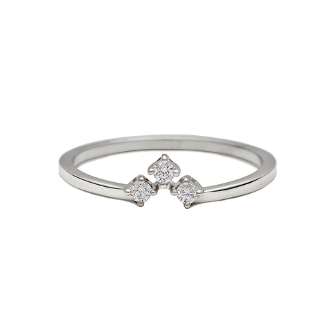 A white gold band with three round white diamonds set in an arrow shape., White Gold 5